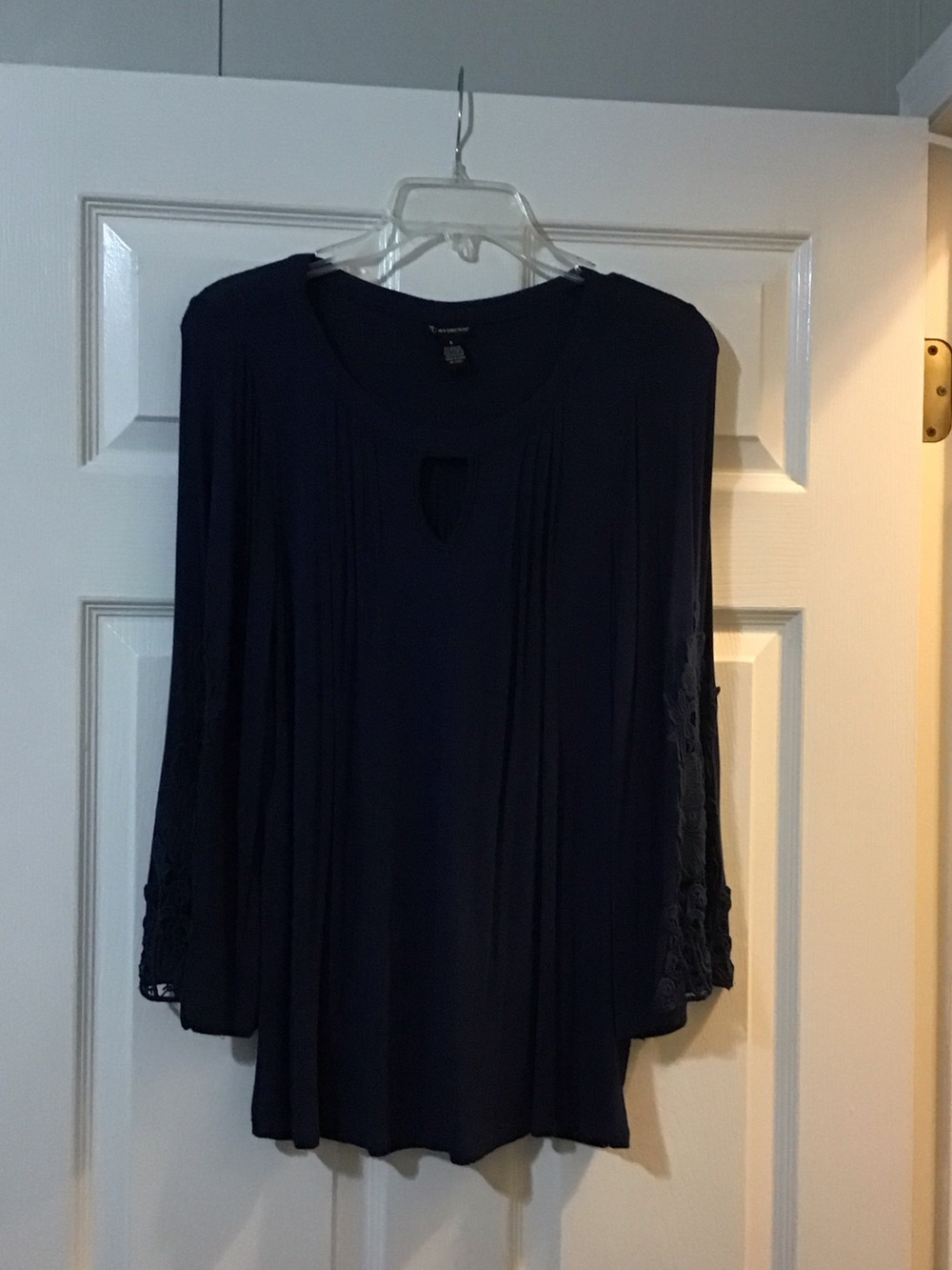new directions Navy Keyhole Tunic with Crochet Sleeves